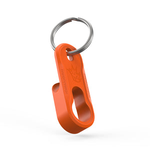 Orange keychain with a bottle opener on a white background