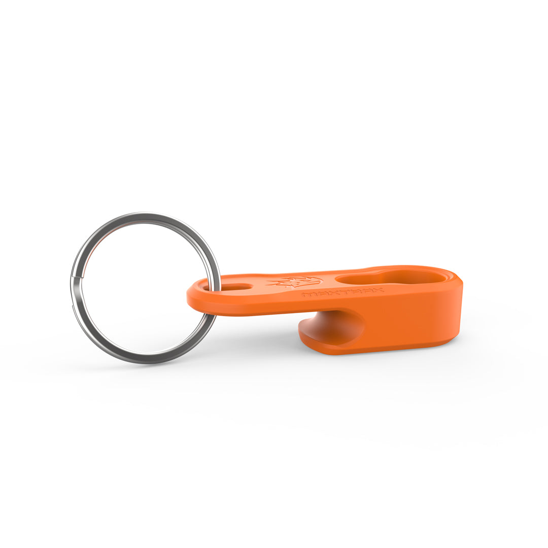 Orange keychain with a bottle opener on a white background